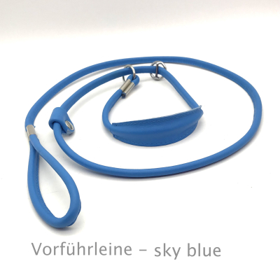 Elegante Show Rundleder Leine mit Stop und Kehlkopfschutz 10 cm, Farbe: sky-blue ges. ca. 135 cm