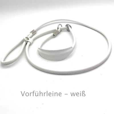 Elegante Show Rundleder Leine mit Stop und Kehlkopfschutz 10 cm, Farbe: weiß ges. ca. 140 cm