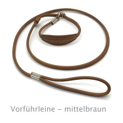 Elegante Show Rundleder Leine mit Stop und Kehlkopfschutz 9 cm, Farbe: mittelbraun ges. ca. 145 cm