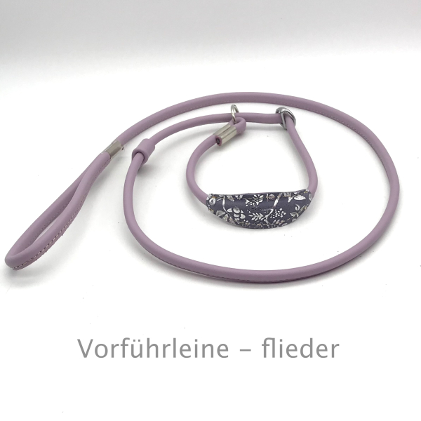 Elegante Show Rundleder Leine mit Stop und Kehlkopfschutz 8 cm, Farbe: flieder ges. ca. 140 cm