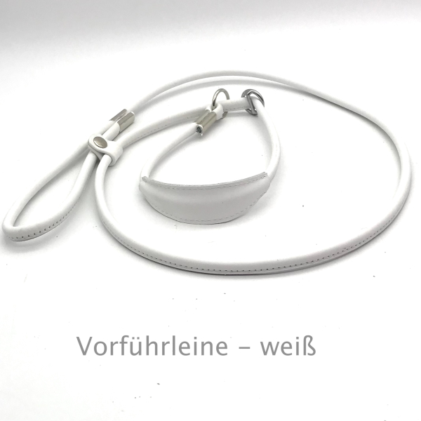 Elegante Show Rundleder Leine mit Stop und Kehlkopfschutz 10 cm, Farbe: weiß ges. ca. 140 cm