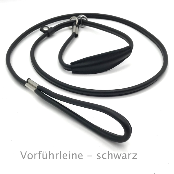Elegante Show Rundleder Leine mit Stop und Kehlkopfschutz 8 cm, Farbe: schwarz ges. ca. 145 cm