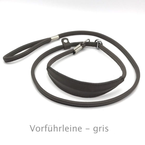 Elegante Show Rundleder Leine mit Stop und Kehlkopfschutz 16 cm, Farbe: gris ges. ca. 130 cm