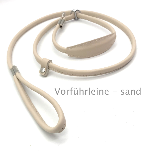 Elegante Show Rundleder Leine mit Stop und Kehlkopfschutz 8 cm, Farbe: sand ges. ca. 125 cm