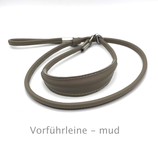 Elegante Show Rundleder Leine mit Stop und Kehlkopfschutz 15 cm, Farbe: mud ges. ca. 115 cm