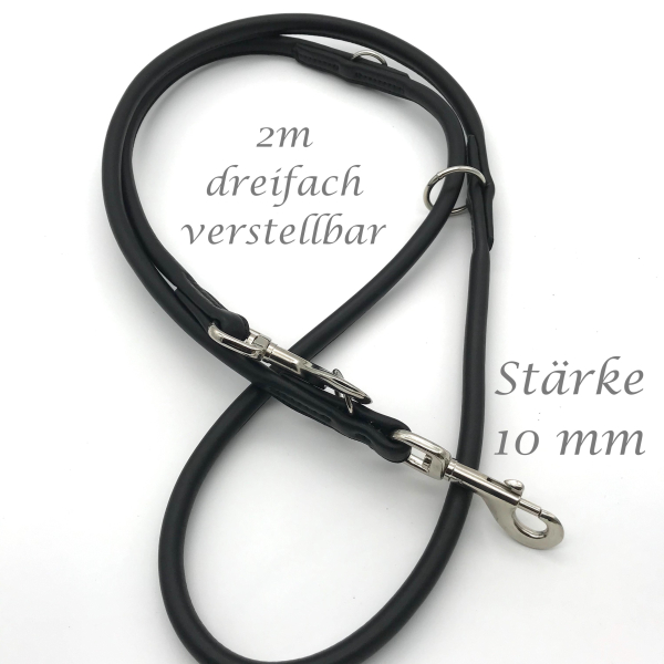 Rundlederleine schwarz 10 mm - 2,20 m dreifach verstellbar