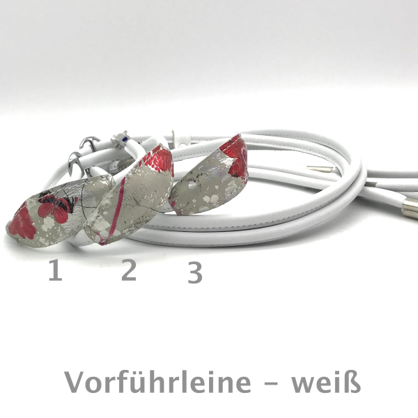 Elegante Show Rundleder Leine mit Stop und Kehlkopfschutz bunt 8 cm, Farbe: weiß ges. ca. 130 cm
