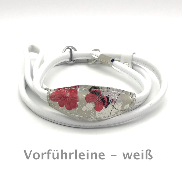 Elegante Show Rundleder Leine mit Stop und Kehlkopfschutz bunt 8 cm, Farbe: weiß ges. ca. 130 cm